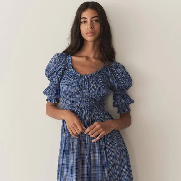 NWT Doen Ischia Cotton Voile Smocked Midi Maxi Dress Cassis Check Blue Plaid NWT Doen Ischia Cotton Voile Smocked Midi Maxi Dress Cassis Check Blue Plaid